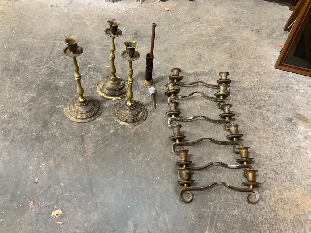 Brass candlesticks & sconce arms with accessories