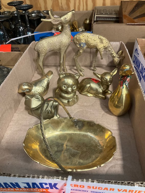 Grouping of brass animal figurines & handled basket