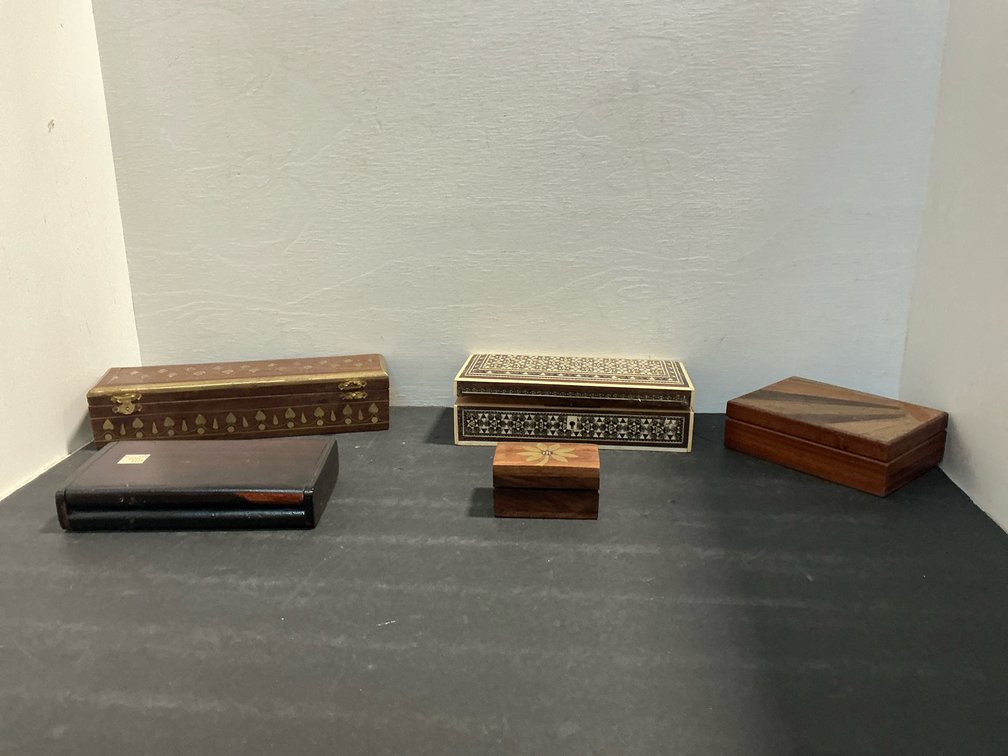 Grouping of inlaid wooden trinket boxes