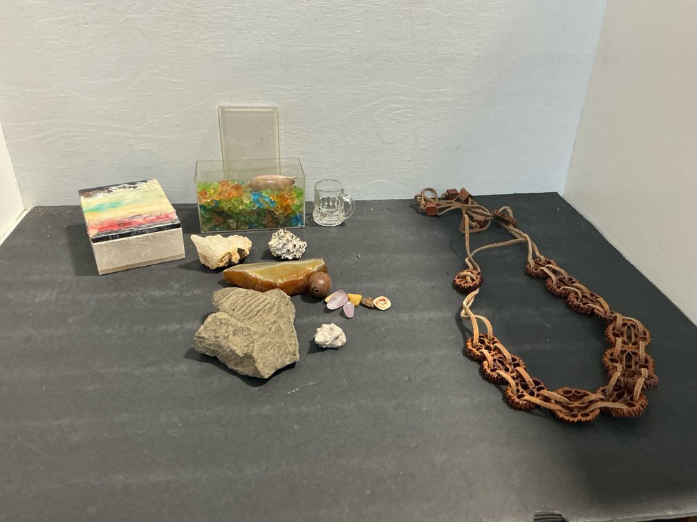 Walnut shell necklace, minerals, fossil & trinket boxes