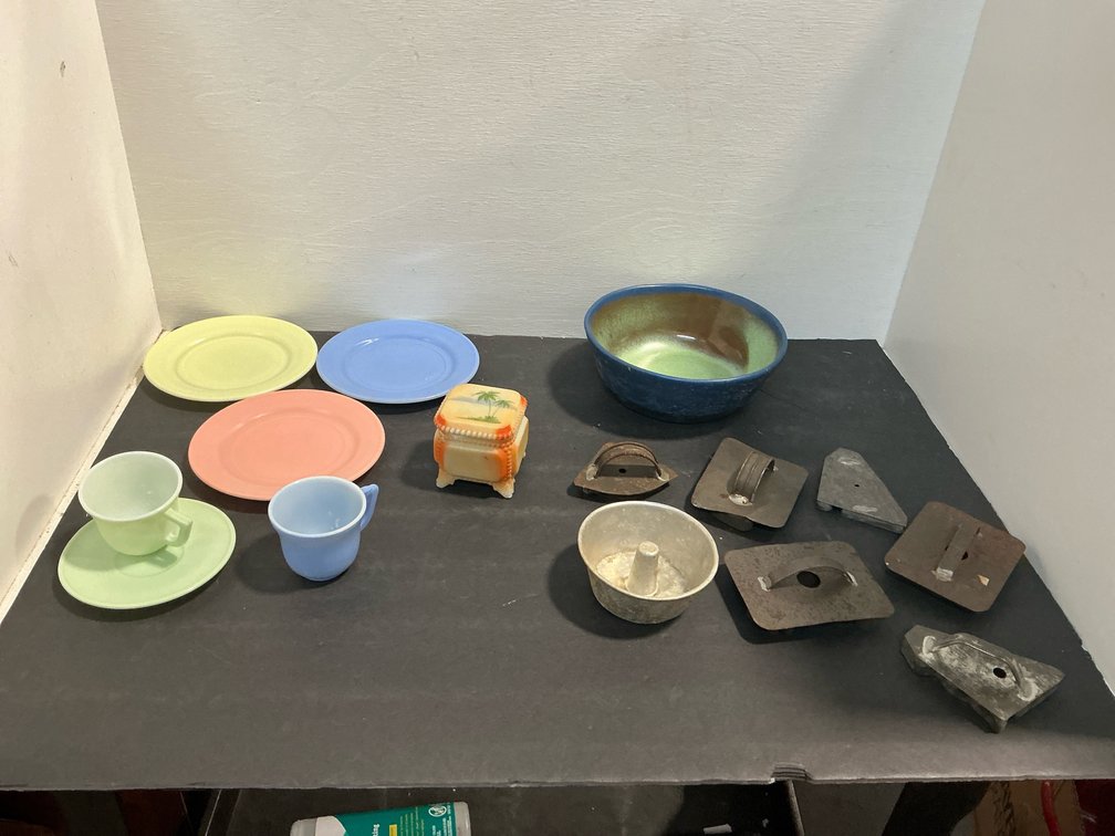 Grouping of glassware, ceramic bowl & metal cookie cutters