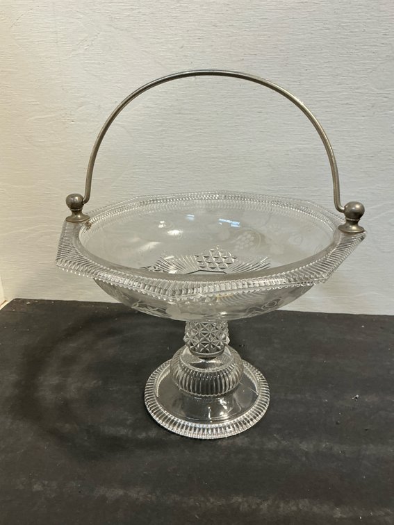 Etched glass pedestal basket with metal swing handle