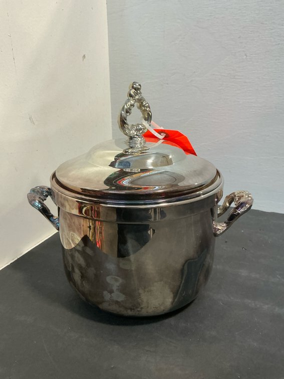 Silver-tone lidded ice bucket with ornate handles