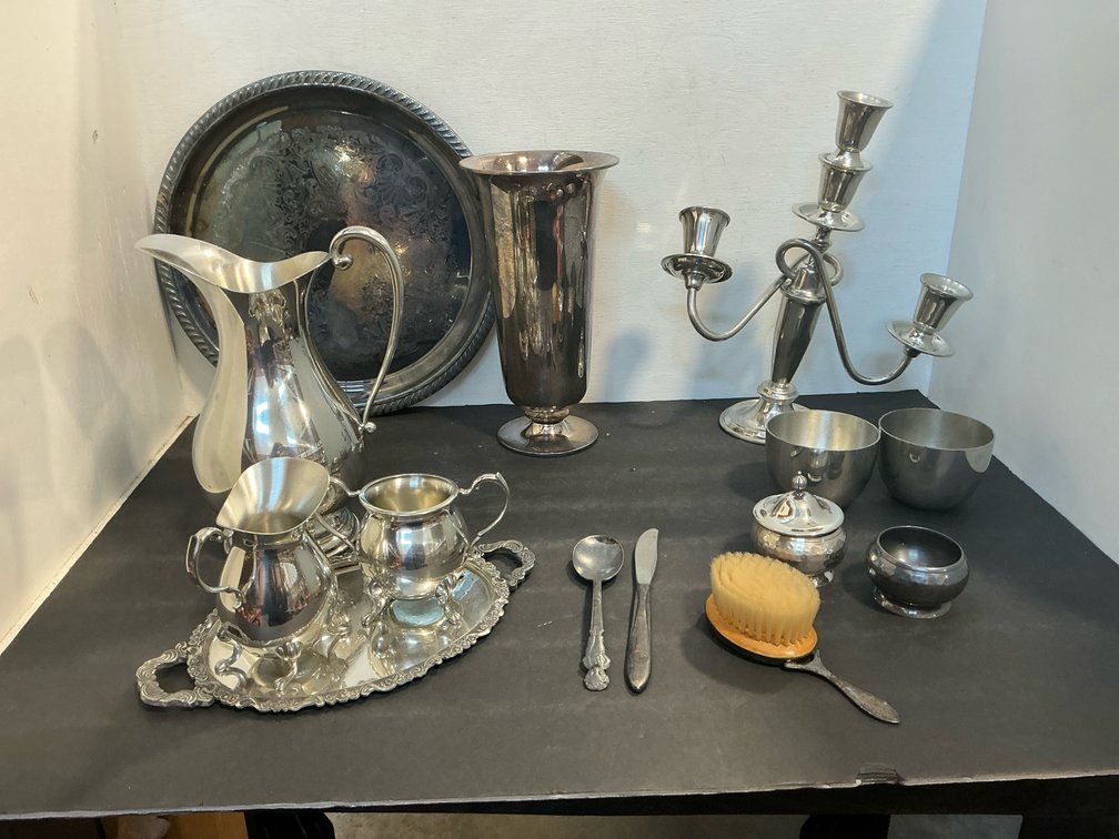 Grouping of silver plate & pewter tableware & vanity items