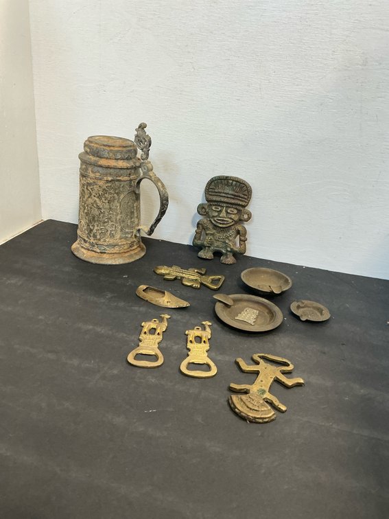 Cast metal lidded stein, brass bottle openers & more