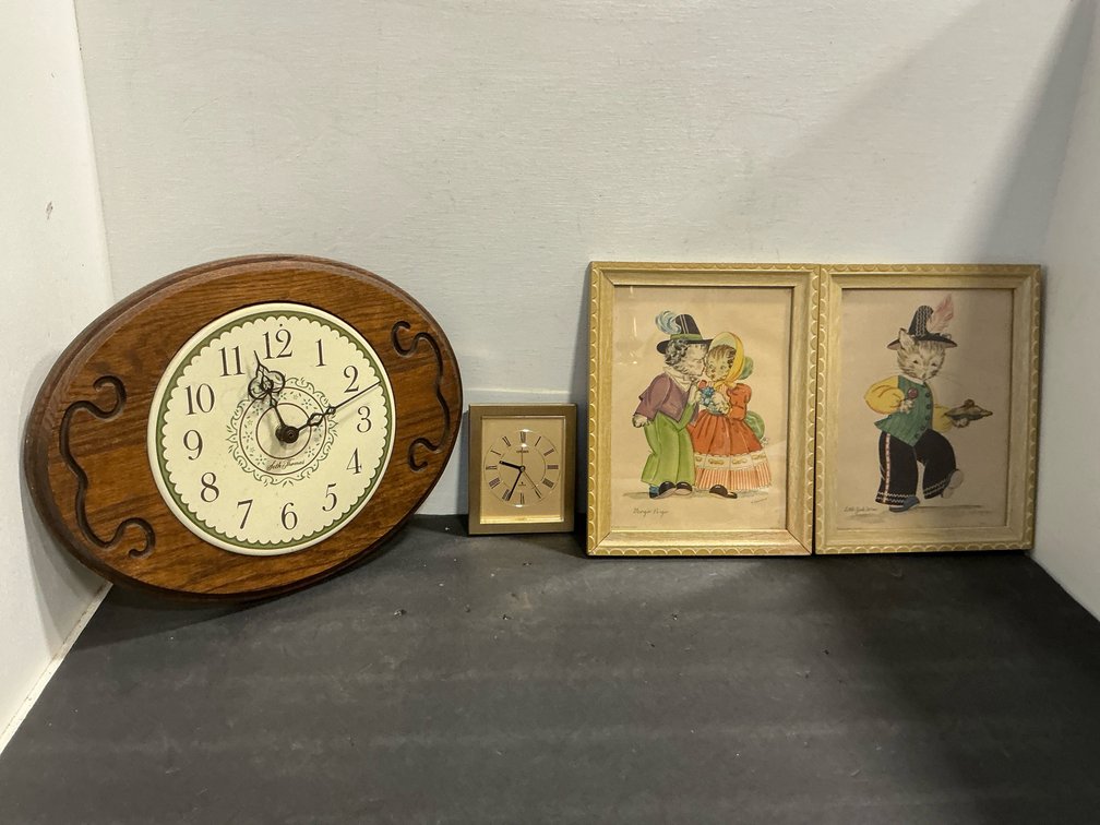 Assorted clocks & framed nursery rhyme prints