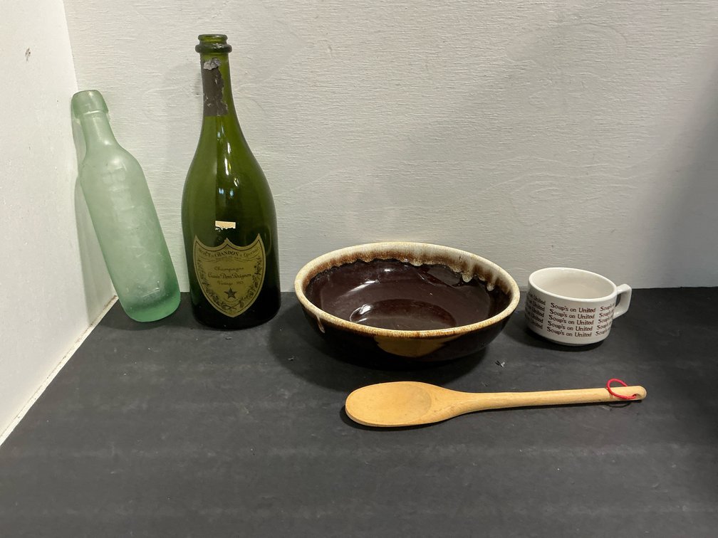 Glass bottles, ceramic bowl, mug & wooden spoon