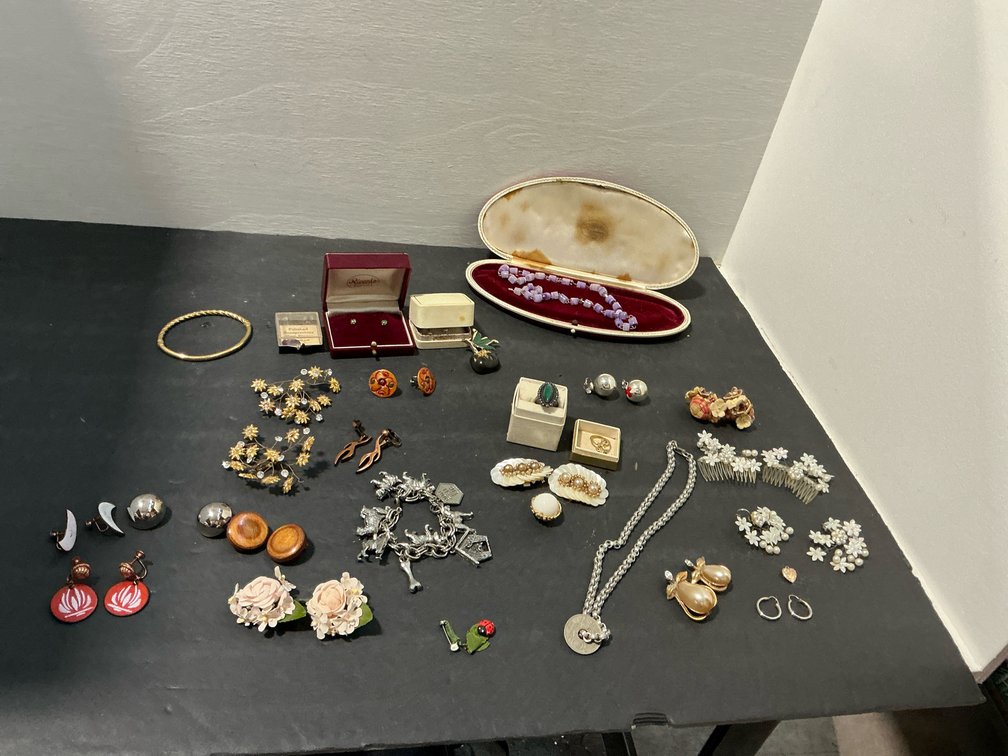 Costume jewelry grouping with necklaces, earrings & brooches