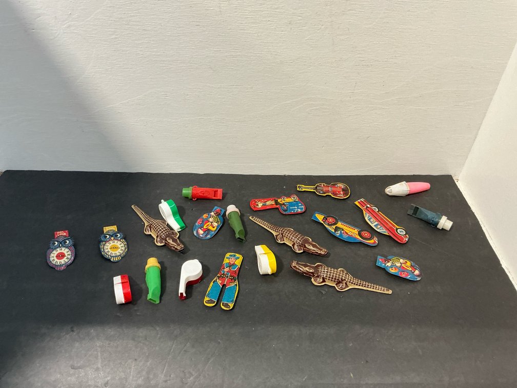 Tin litho clickers & plastic whistles