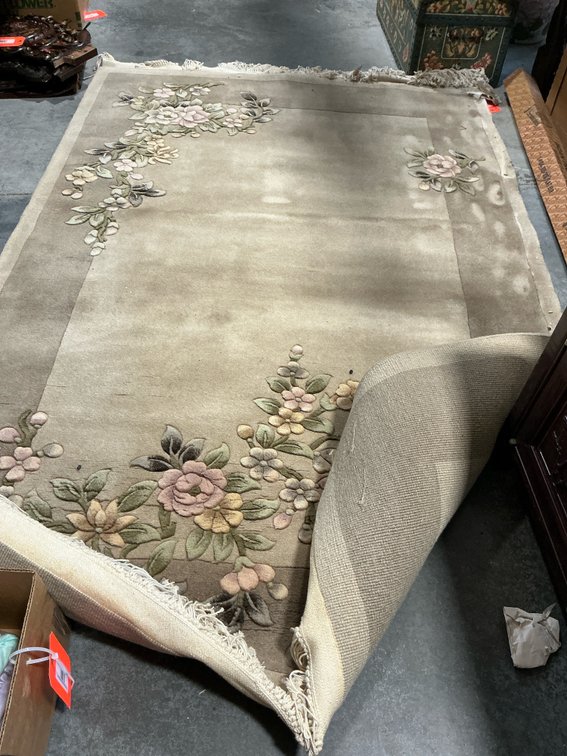 Beige carved floral wool area rug with fringe