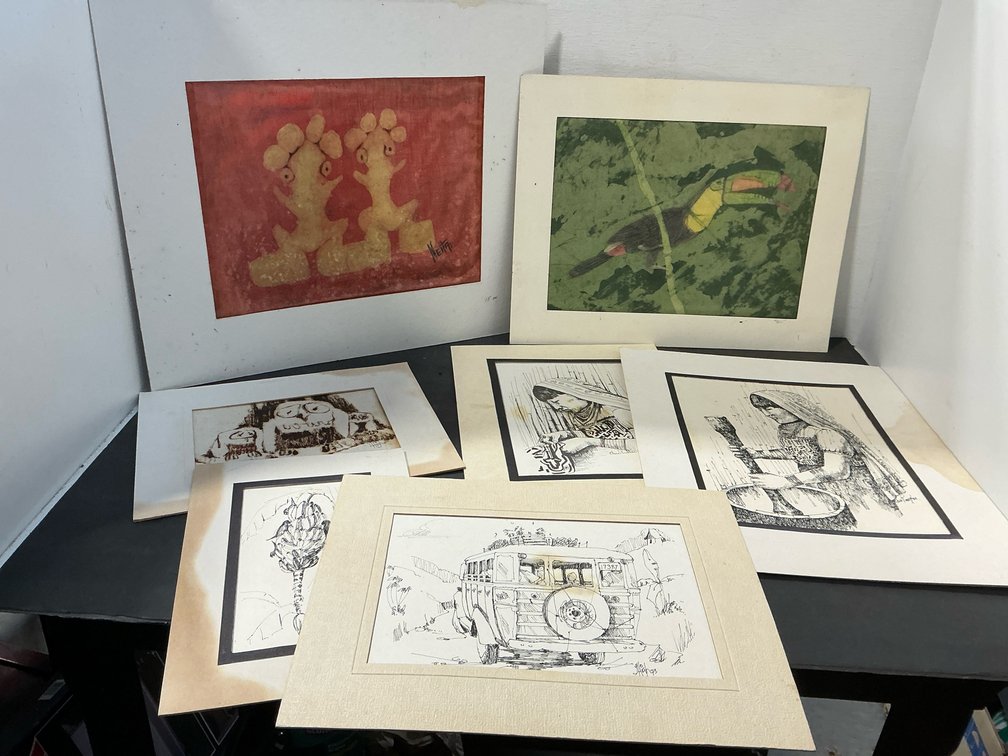 Grouping of matted ink drawings & prints