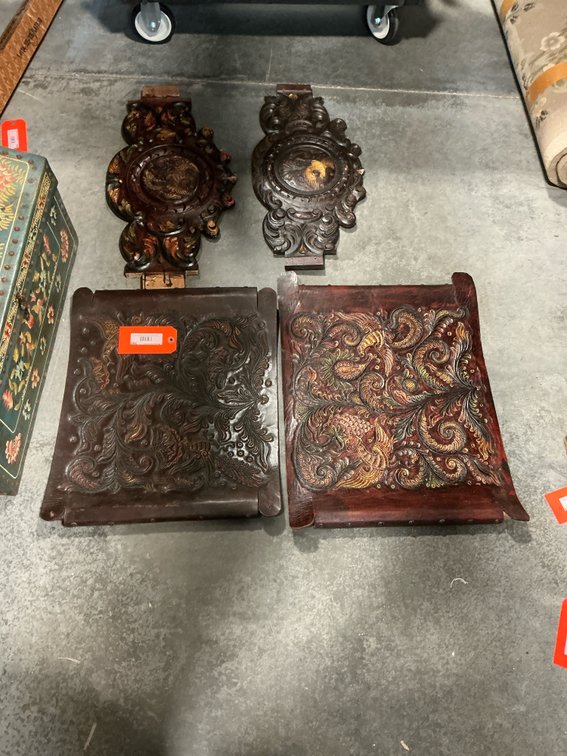 Carved wood chair splats & tooled leather panels