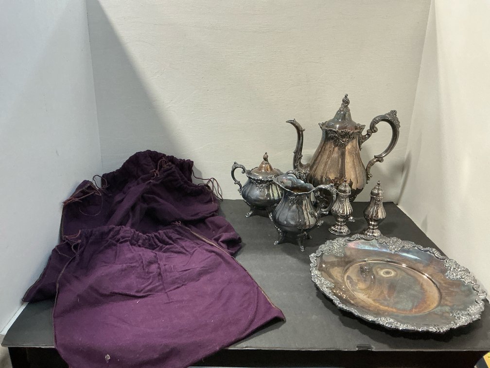Wallace silverplate coffee service with tray & shakers