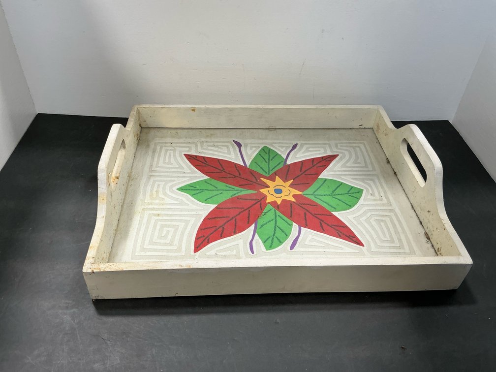 White painted wood serving tray with floral design