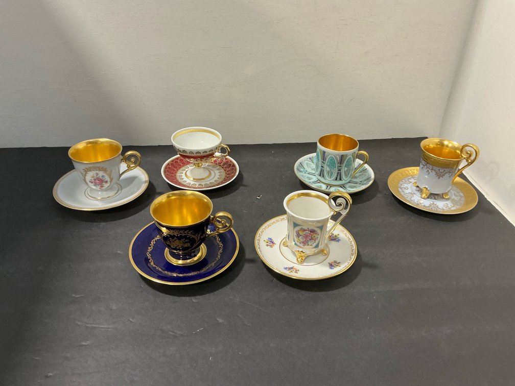 Porcelain demitasse cup & saucer sets with gilt trim