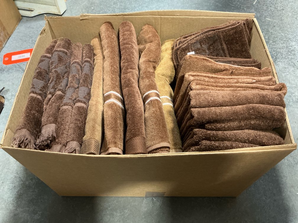 Box of assorted brown & tan terrycloth towels