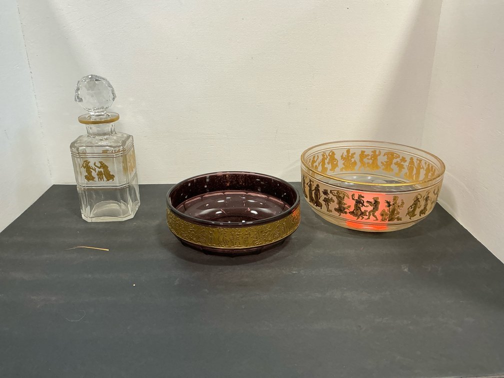 Glassware pieces with gilded classical friezes