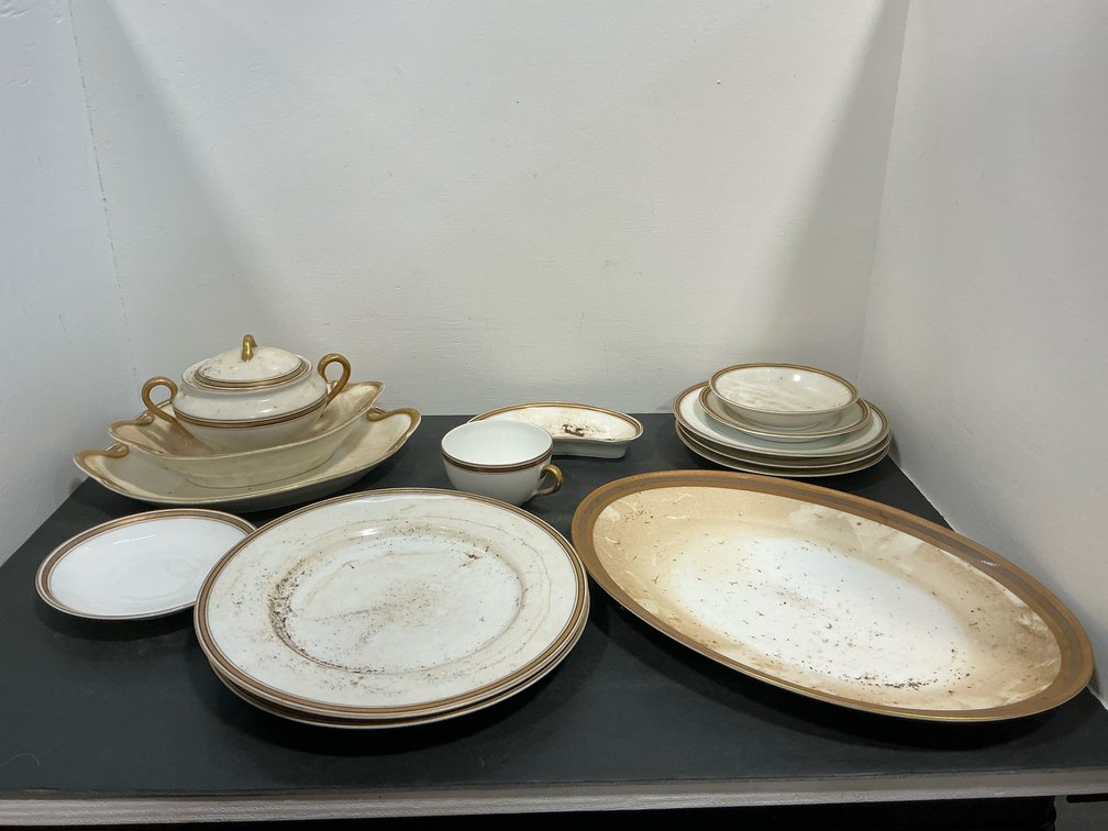White ceramic dinnerware set with gold-tone trim