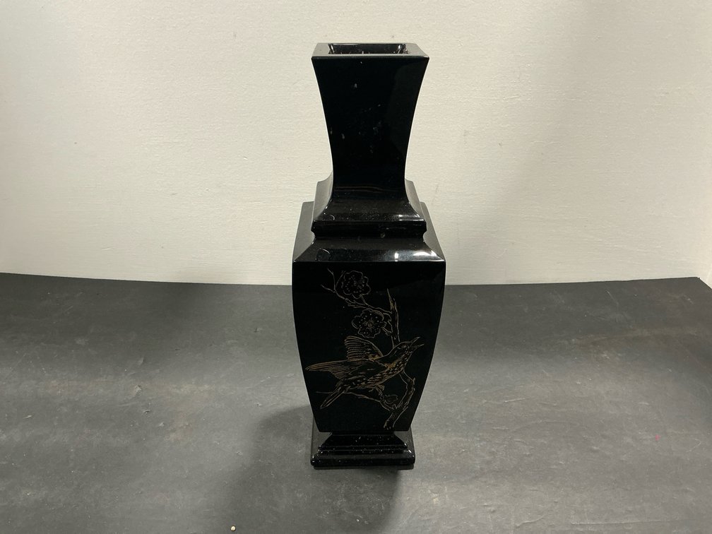 Black square vase with gold-tone bird motif