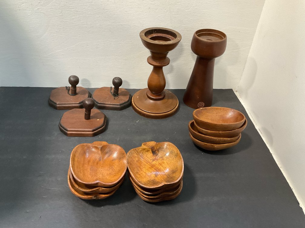 Turned & carved wood bowls, candleholders & peg plaques