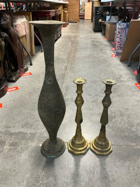 Etched vase & pair of brass candlesticks