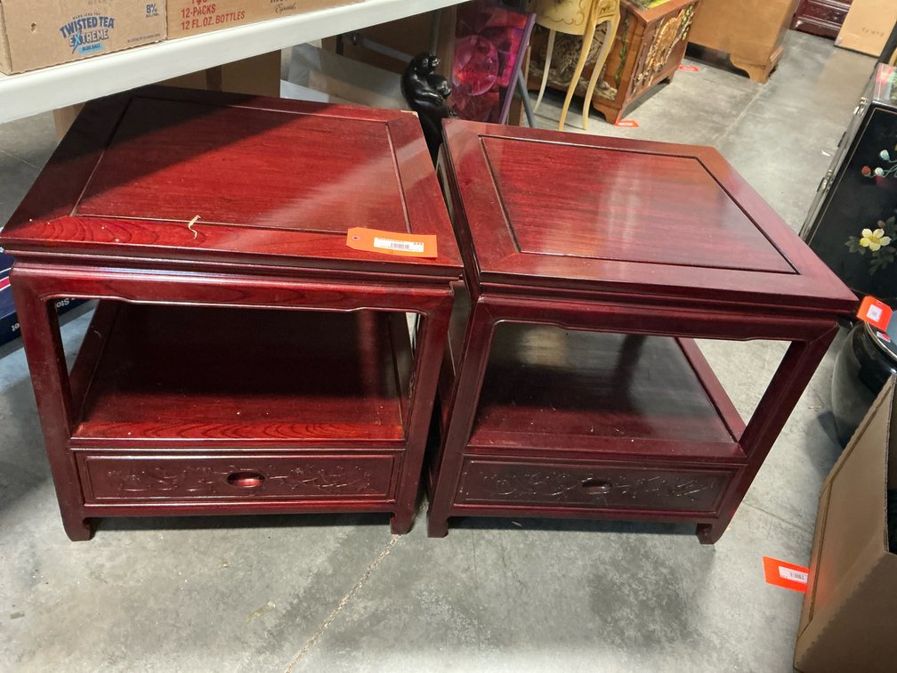 Pair of Asian-style wood side tables with drawers