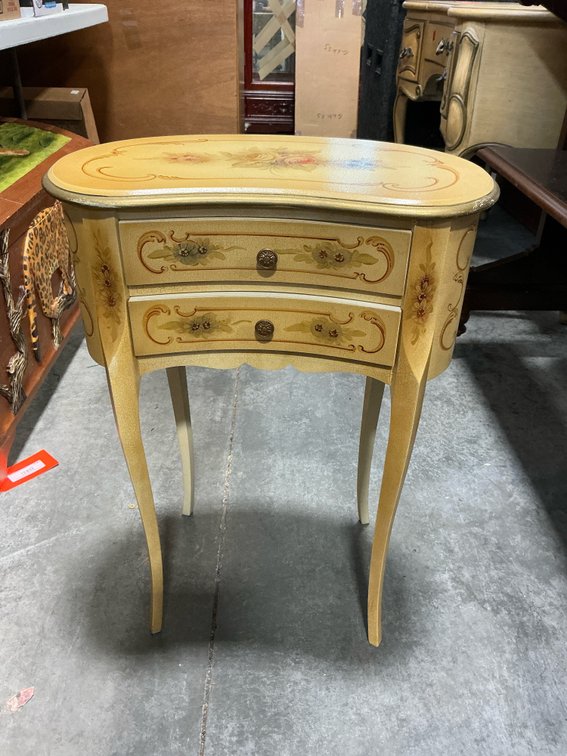 Hand-painted kidney-shaped two-drawer side table
