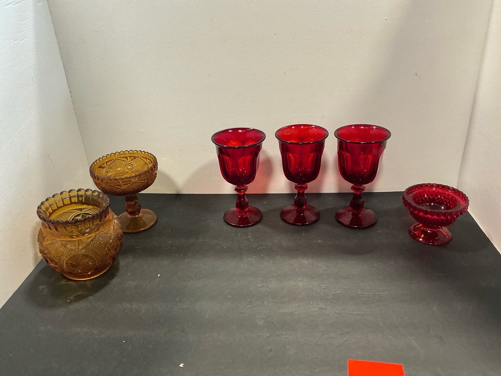 Amber & ruby red pressed glassware