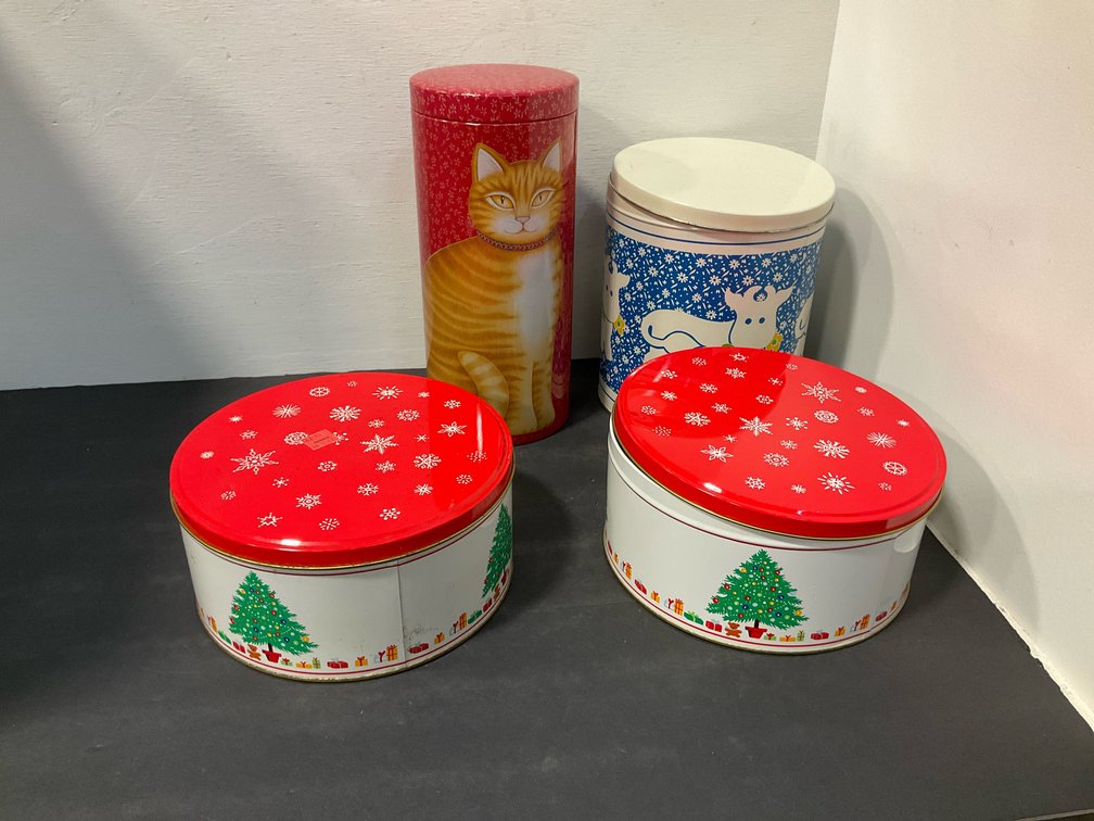 Grouping of decorative holiday & animal metal tins