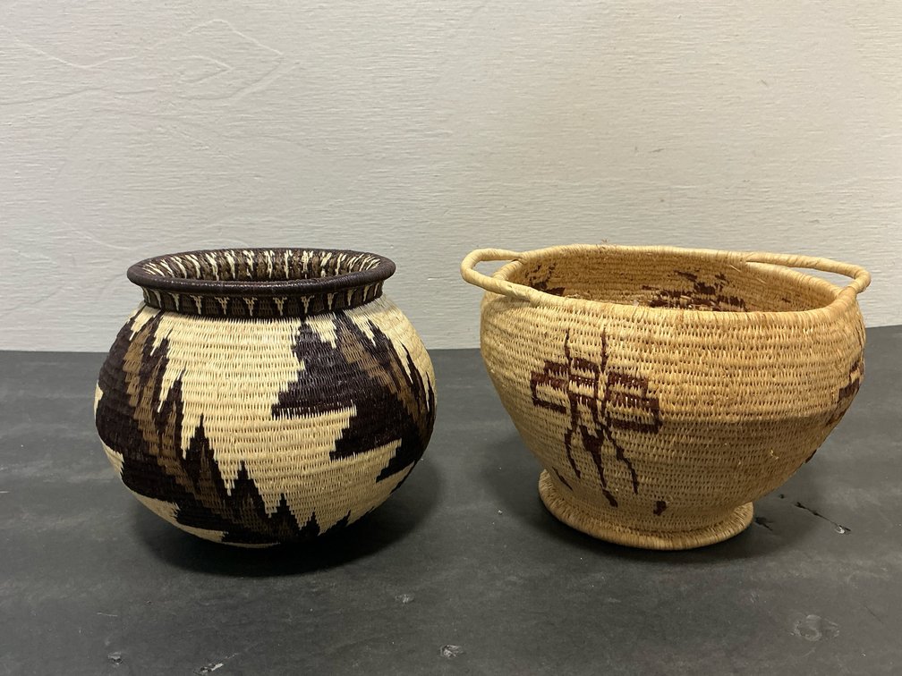 Pair of woven coiled baskets including jar & footed bowl