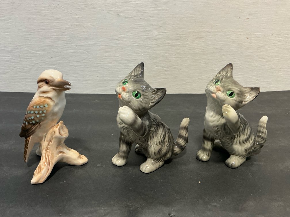 Ceramic animal figurines with cats & kookaburra