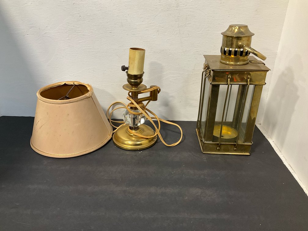 Brass candle lantern & brass table lamp with shade