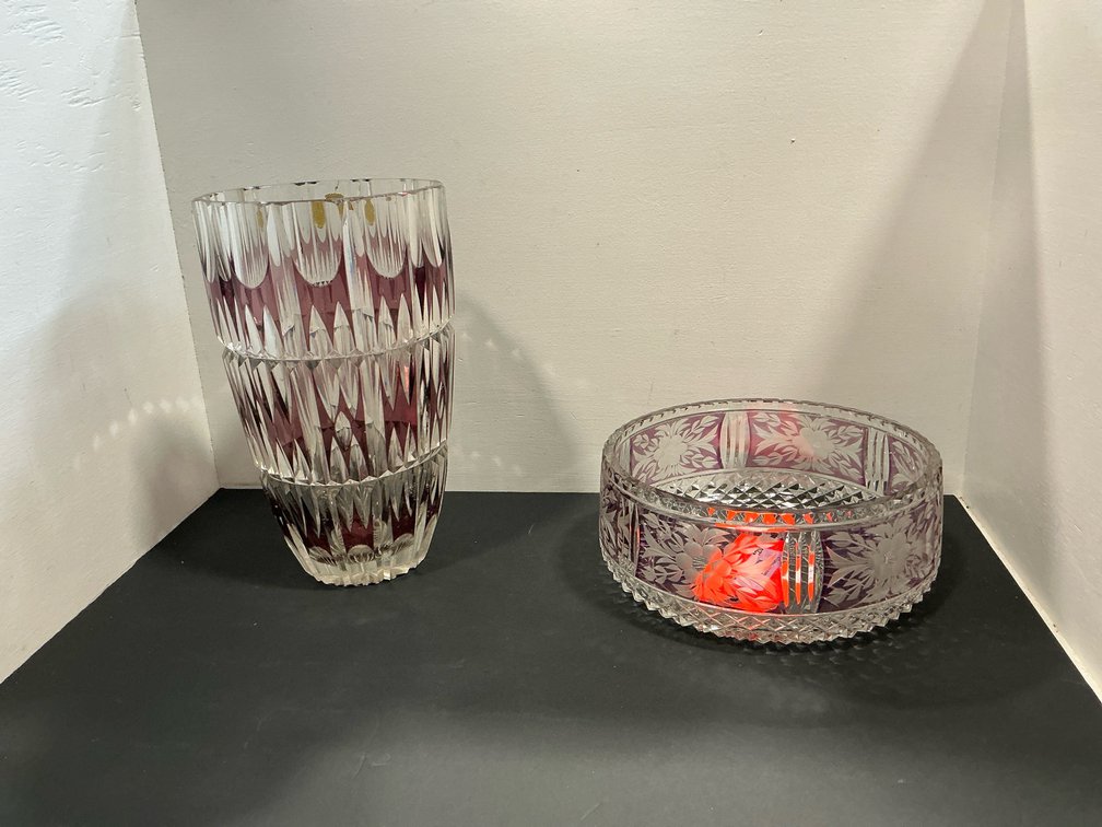 Amethyst cut-to-clear crystal vase & bowl