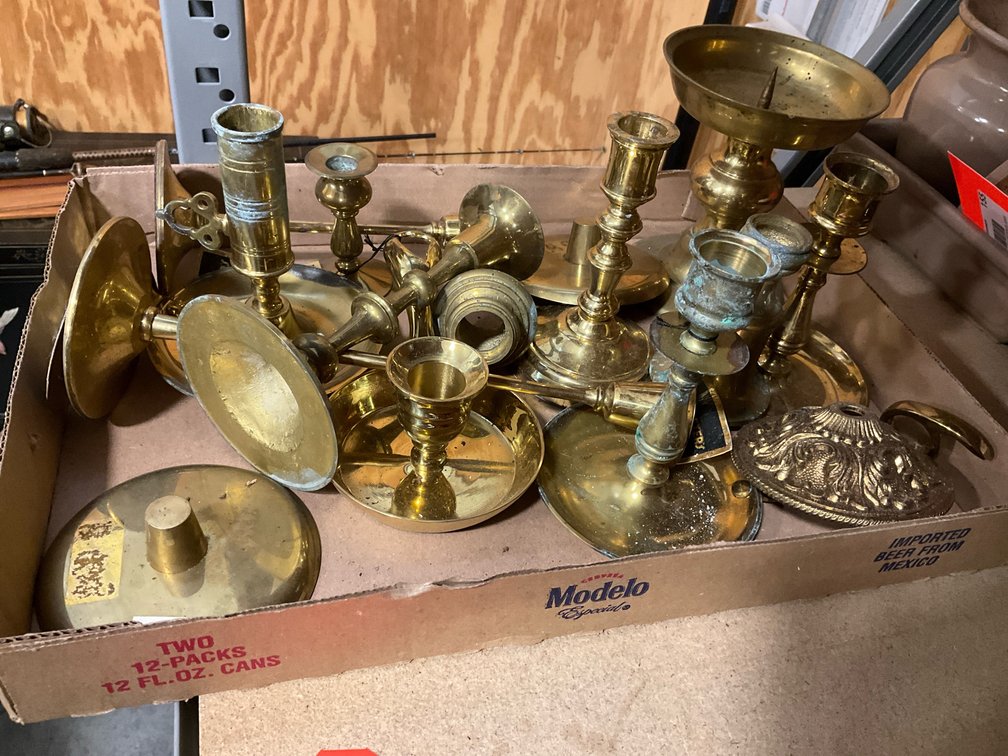 Grouping of brass candlesticks & candle holders