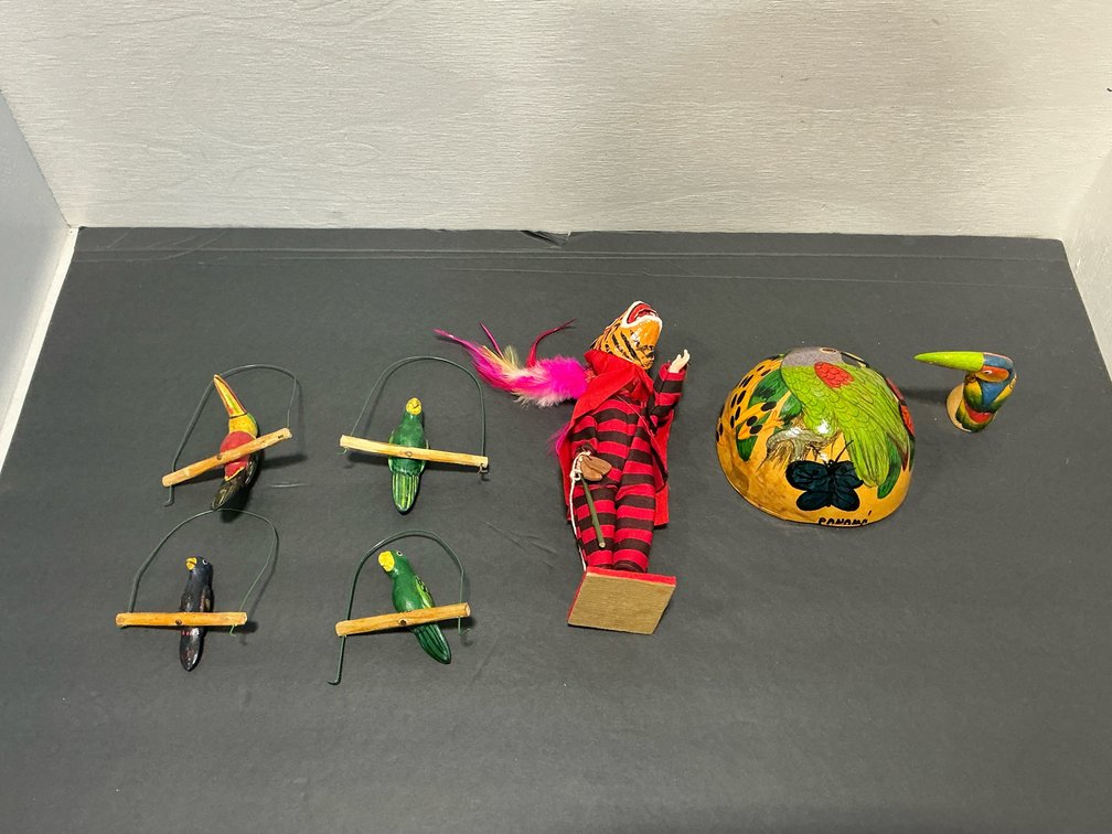 Folk art figures, bird ornaments & painted gourd