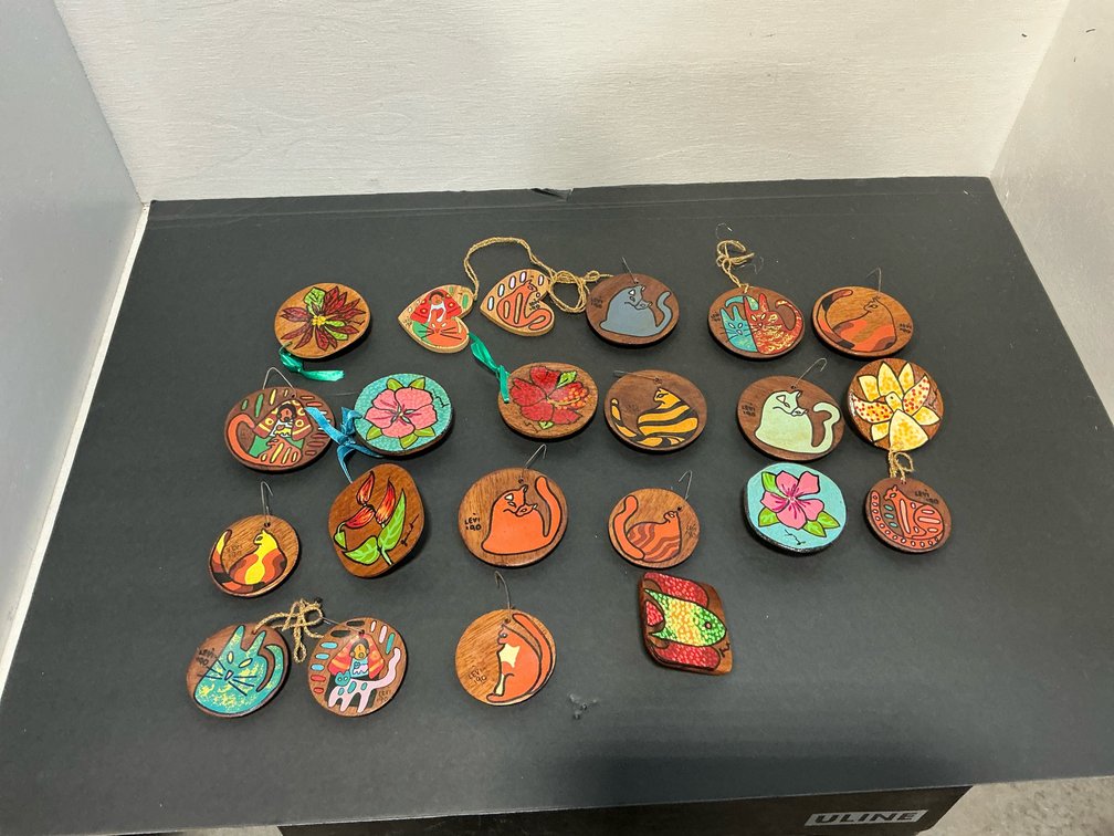 Hand-painted wood cat & floral ornaments