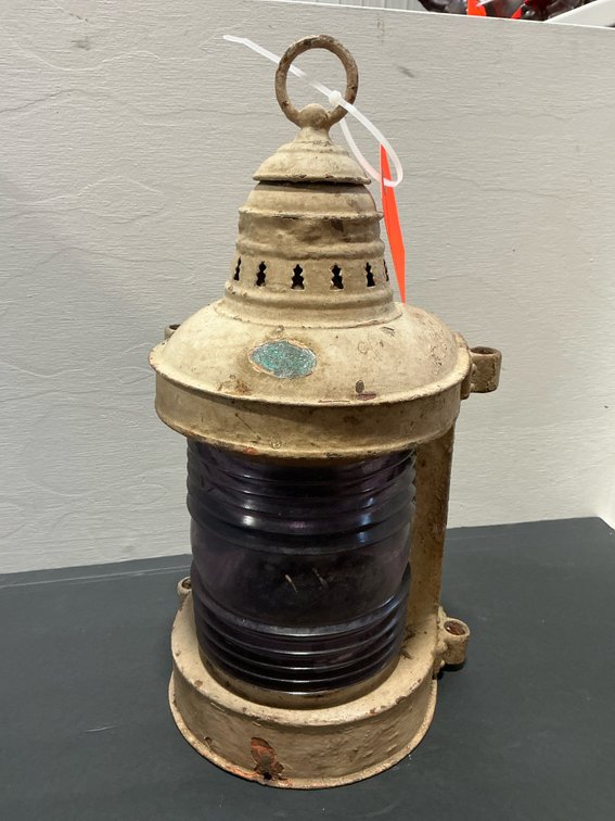 Nautical lantern with purple Fresnel glass lens