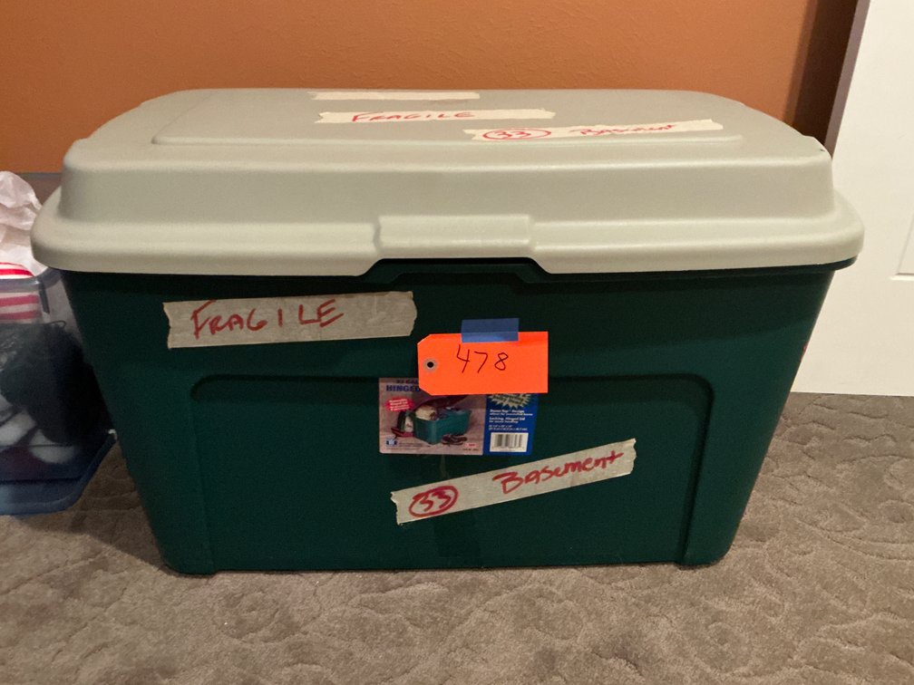 35 gal plastic storage tote with holiday decor - Upstairs Bedroom Upper Level