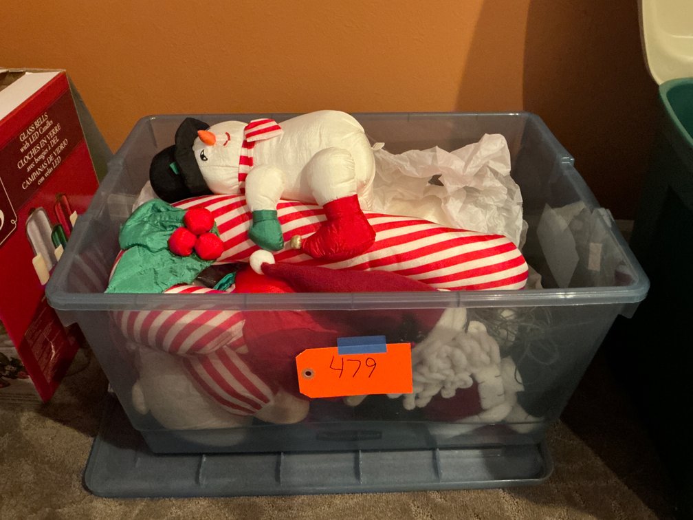 4 Christmas plush figures with clear storage tote - Upstairs Bedroom Upper Level