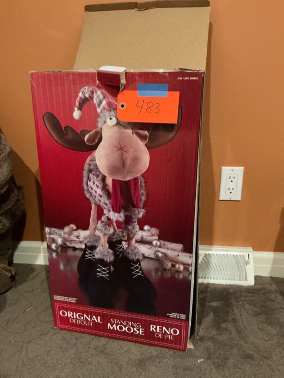 Plush standing moose holiday decoration with box - Upstairs Bedroom Upper Level