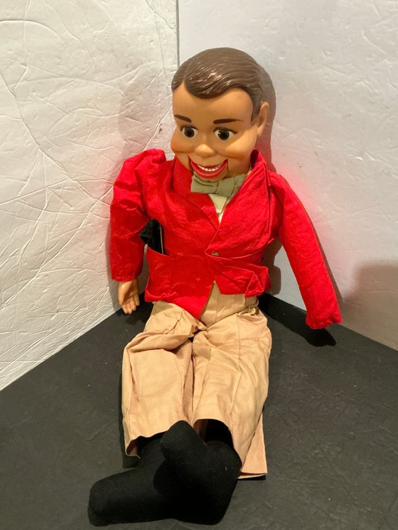Ventriloquist dummy doll in red jacket and tan pants - Basement