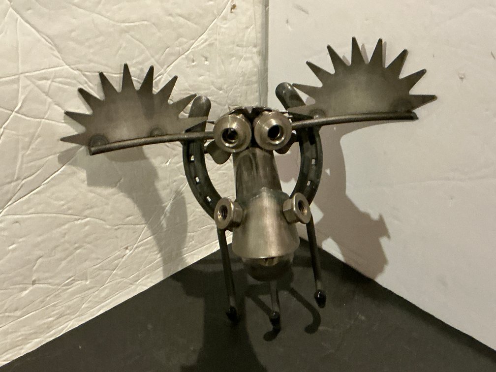 Welded scrap metal horseshoe moose sculpture & wind chime - Basement