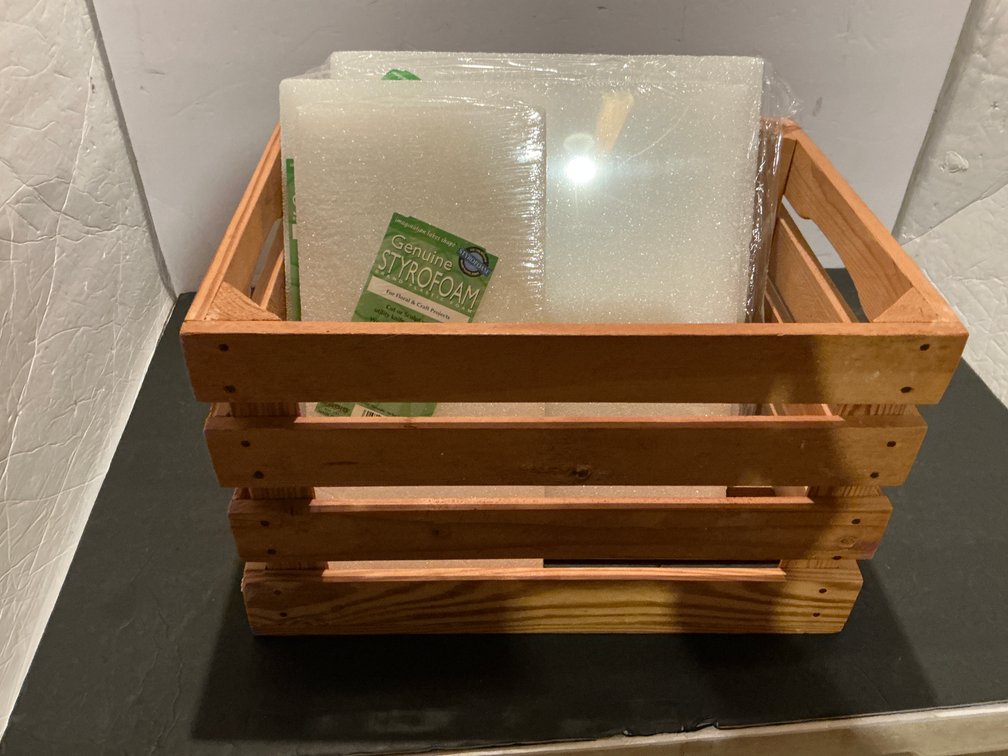 Wood crate with craft foam & plastic tote with hangers - Basement