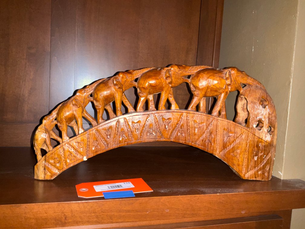 Carved wood elephant bridge sculpture - Living Room Main Level