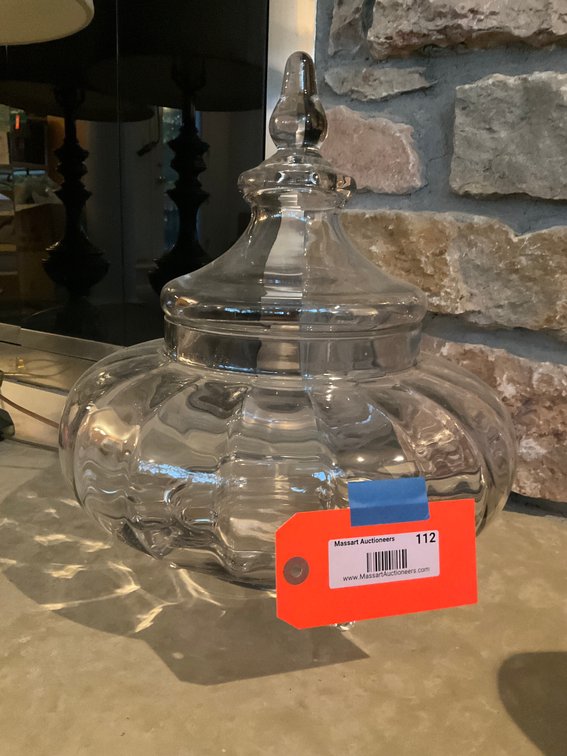 Clear glass lidded jar, footed bowl & textured bowl - Living Room Main Level