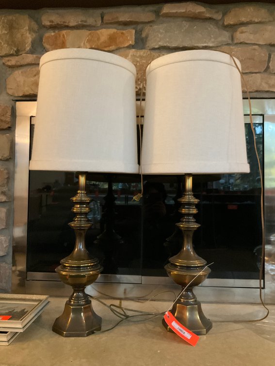 Pair of turned brass table lamps with drum shades - Living Room Main Level