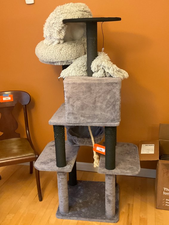 Multi-tier grey plush cat tree tower - Dining Room Main Level