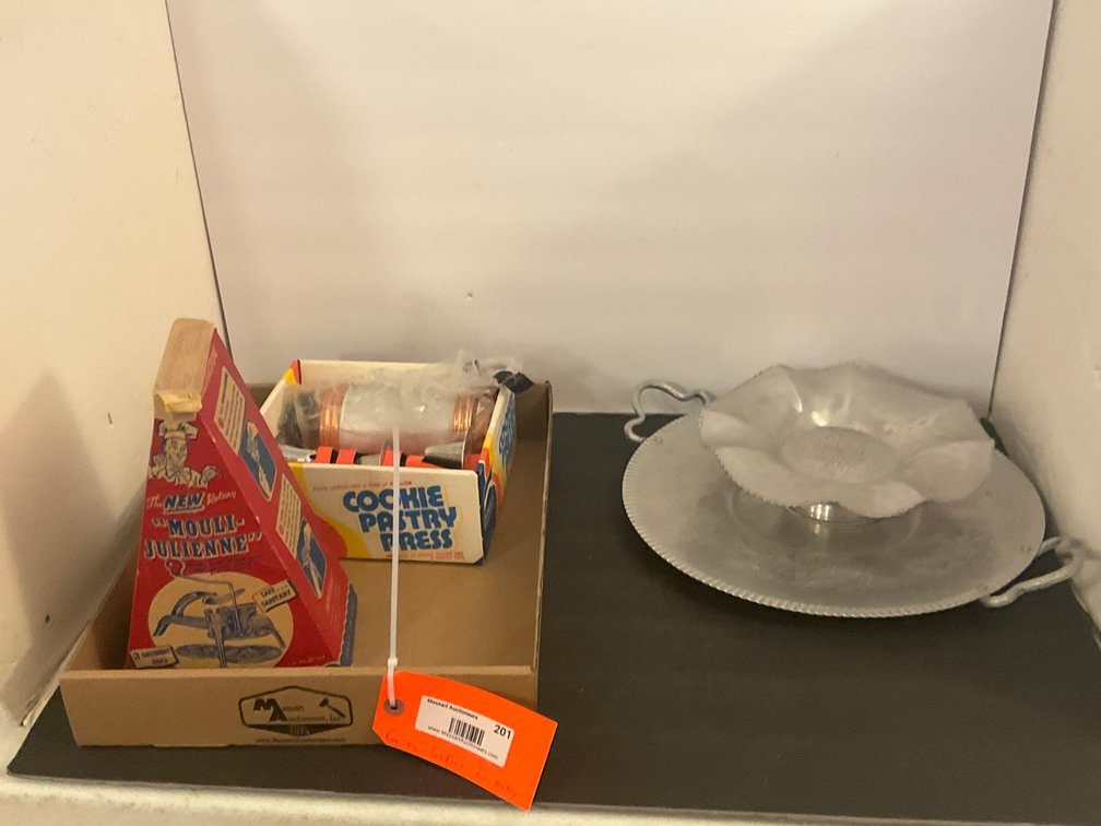 Grouping of rotary slicer, cookie press & aluminum serveware - Dining Room Main Level