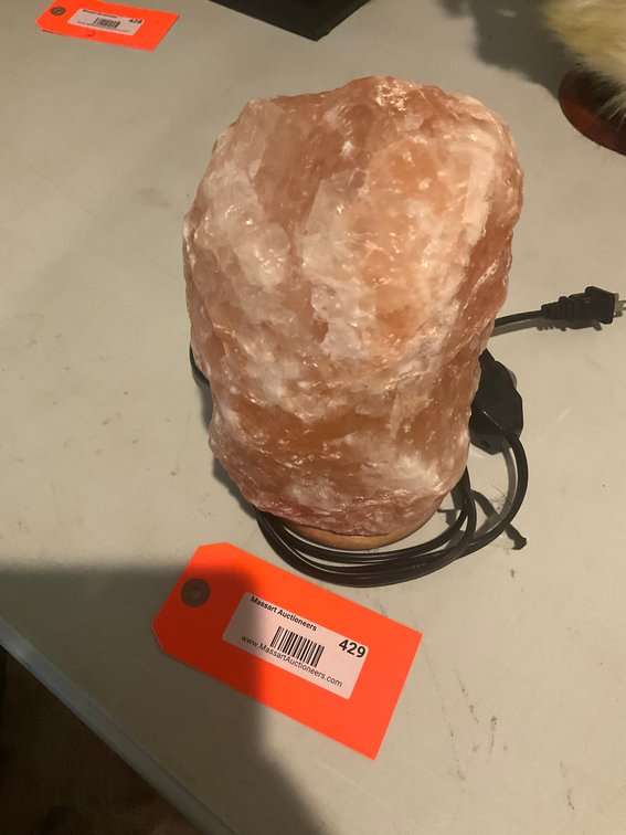 Himalayan pink salt lamp on wooden base - Upstairs Bedrooms Upper Level