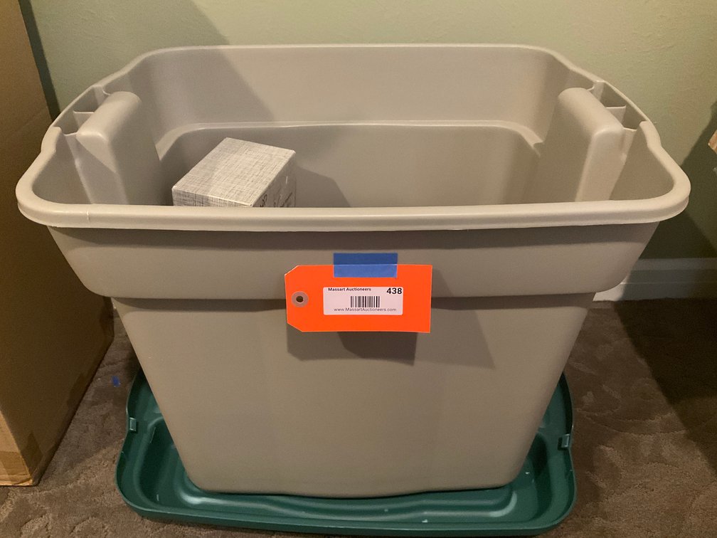 Assorted Christmas decor with plastic storage tote - Upstairs Bedroom Upper Level